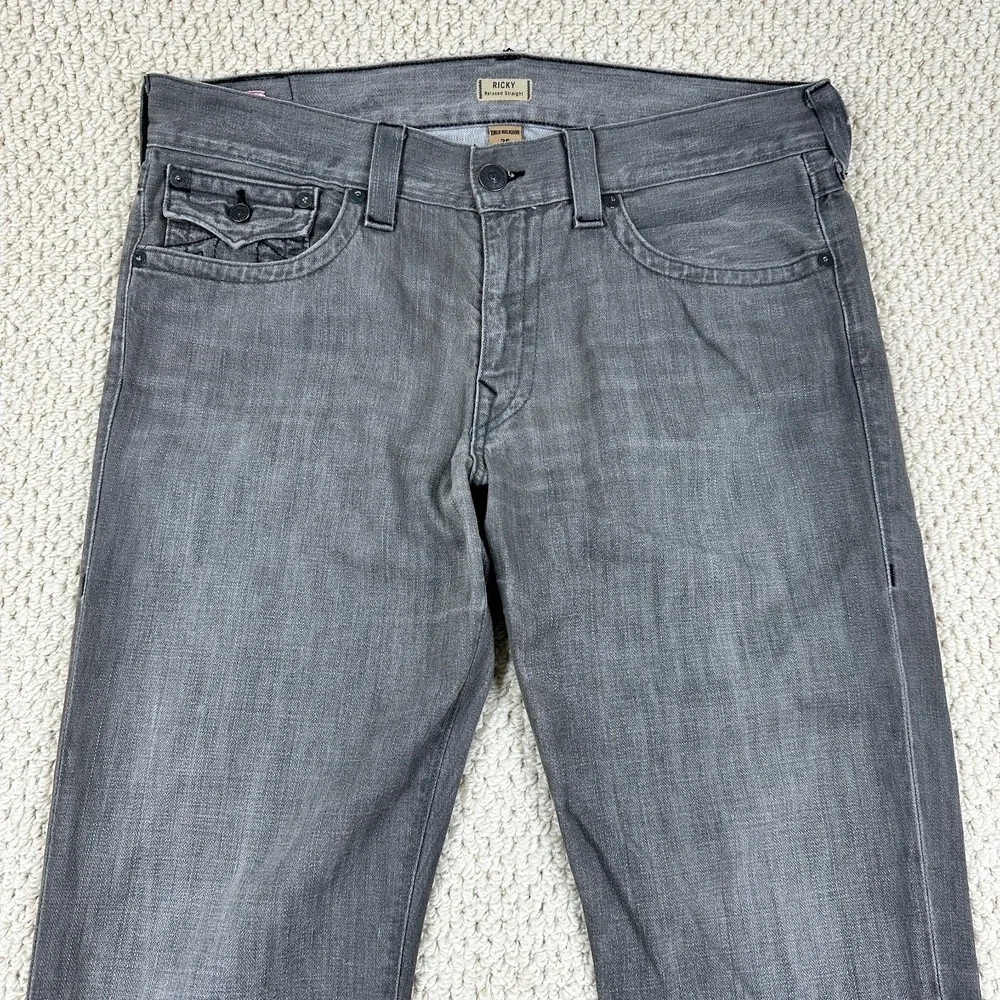 True Religion Jeans 36 (Fits 37x34) Gray Wash Ricky Relaxed Straight Flap Pocket
